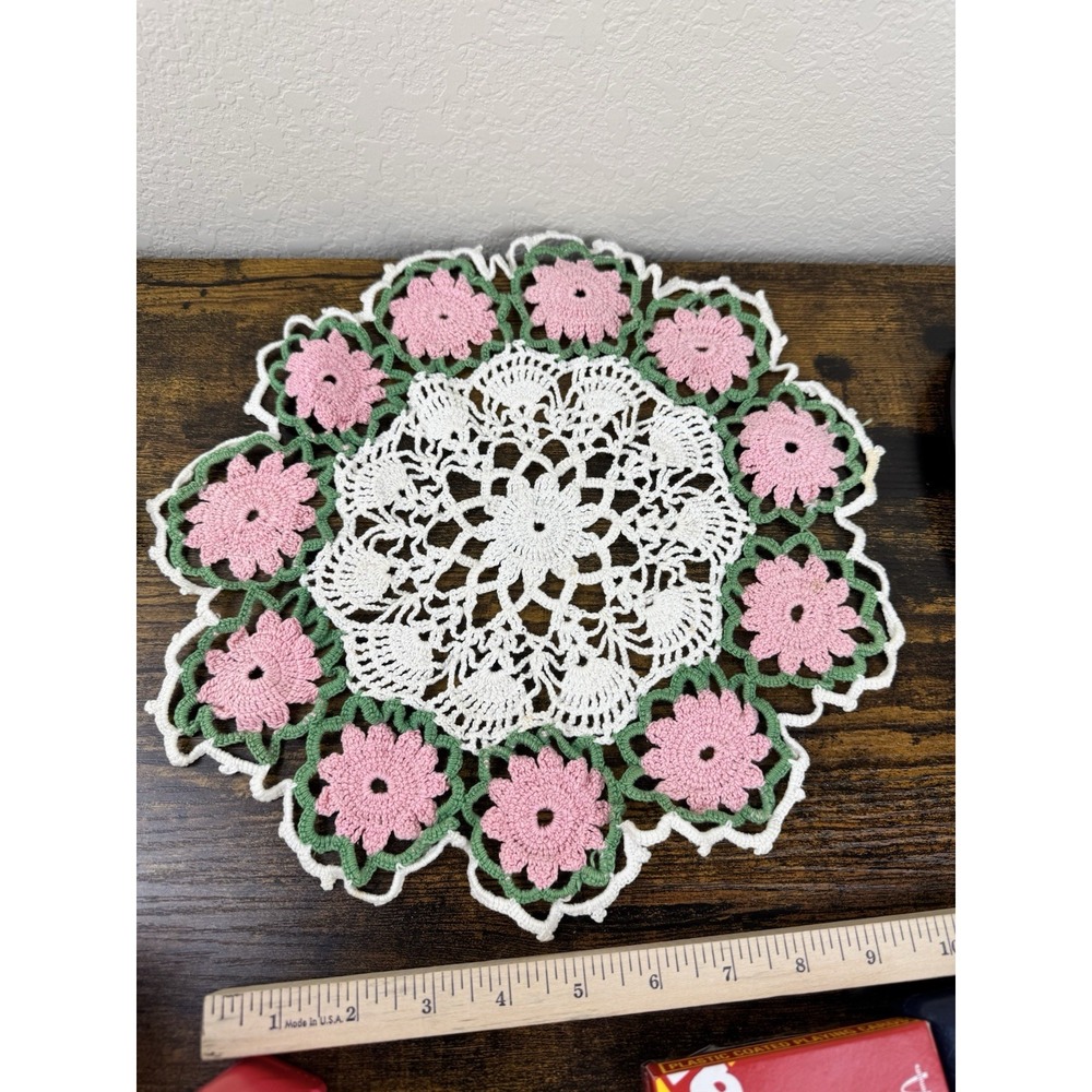 Vtg Floral Doily Crocheted Flowers Leaves Pink Green White 13" Trivet Dresser
